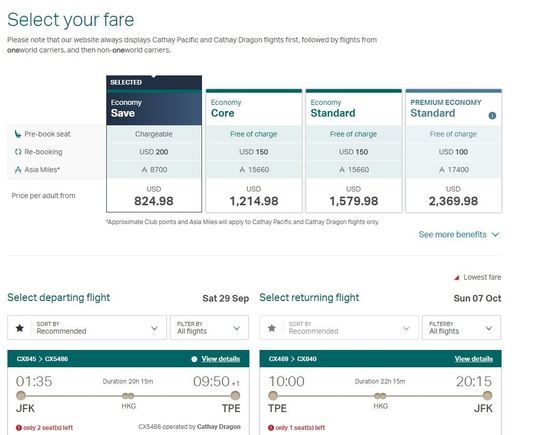 Selected lowest fare, all options are available for selection