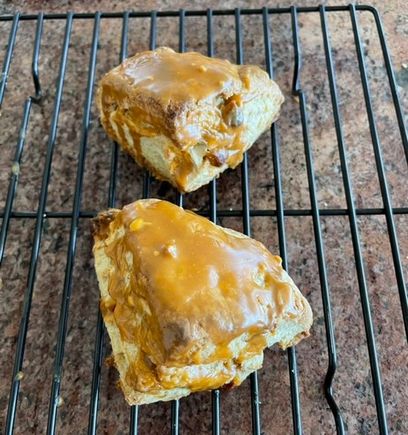 My cousin did me a favor and wondered if there were cookies. The best I could do was Irish Cream scones with a Bailey’s/butterscotch glaze. 