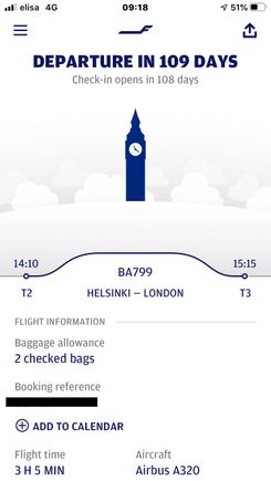 Finnair App showing my BA bookings
