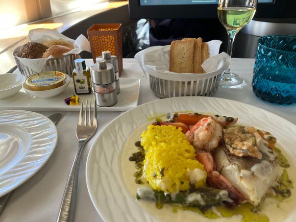 Baked halibut and jumbo prawn