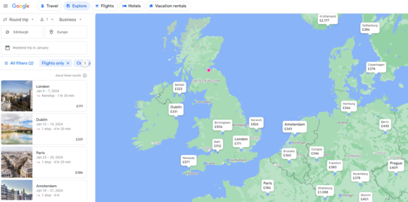 If you search for Edinburgh to "Europe" and weekend in January you get this map.  So from it Belfast looks like the best option. But there might well be better one-day or two-day rates out there.
ITA Matrix is the next step to use once you have somewhere in mind because it's really powerful in crafting the perfect airfare.