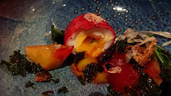 appetizer 1: beet-infused egg, kale