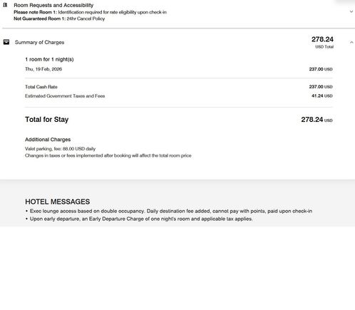 Corporate rate confirmation. Note a hotel message on destination fee, but it isn't on my confirmation