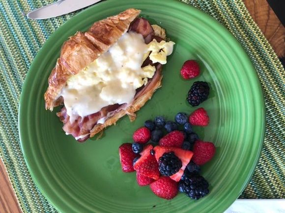 Ham, bacon, scrambled eggs and bechamel on a croissant. My take on the Toulouse sandwich from Bennison’s Bakery in Evanston, IL