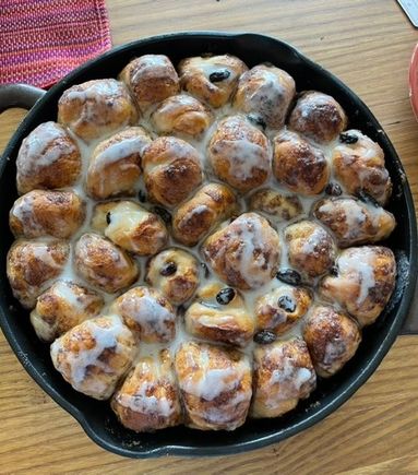 After a breakfast casserole and fruit, three of us managed to polish off this monkey bread. 