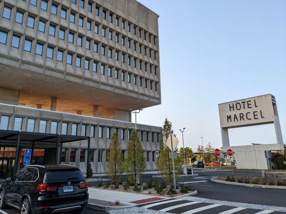 Front of building, as taken from smaller parking lot
