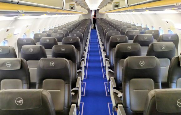 A clear view of the Economy class cabin of Lufthansa on European flights 