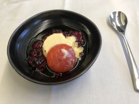 Opted to have both desserts! First, the Japanese one; agar jelly ball with some seasonal berries and flan below