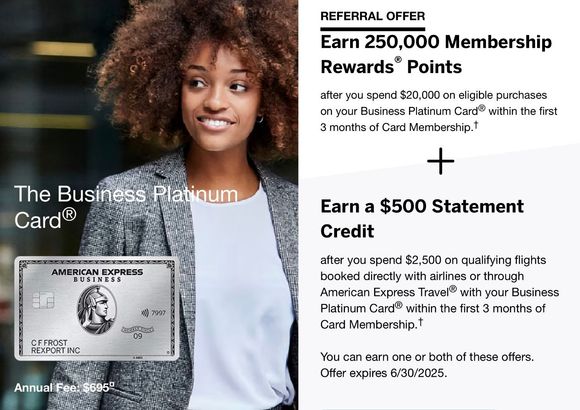 April 2025 – High Targeted Amex Offers Available via Referral
PM me if interested!
	•	250k Business Platinum – Spend $20k in 3 months + $500 back on $2,500 Amex Travel flights
	•	175k Business Gold – Spend $15k in 3 months + 0% APR for 6 months

Both offers are strong, targeted, and available through my referral links. PM me for details!