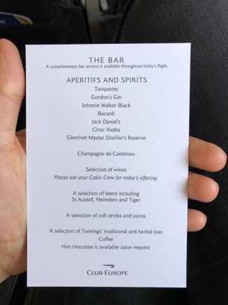 Drinks Menu; ATH-LHR Club Europe