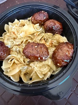 Buttered noodles upon which I have placed Korean meatballs - all from Noodles and Co.