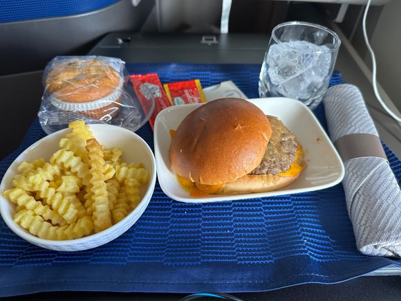 2nd Service | Pre-Arrival Meal | Cheeseburger w/ Grilled Onions | w/ Fries and Blueberry Muffin
