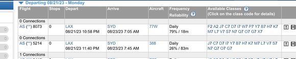 ExpertFlyer screenshot showing availability in F on AS-marketed flight LAX-SYD. 