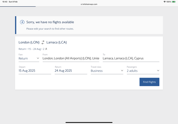 BA says no availability to LCA on these dates (and in December too)
