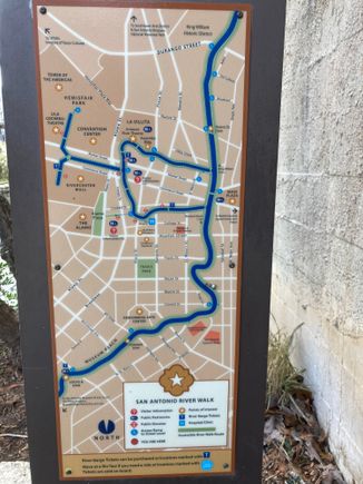 A map of the San Antonio riverwalk, the shiney metal dot is the hotel's location