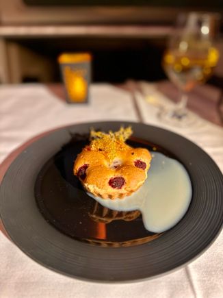 After take off - Raspberry tart with chocolate sauce. 

The description did not match the actual dish (no chocolate sauce more like a cream sauce) but regardless it was an acceptable dessert (6/10)
