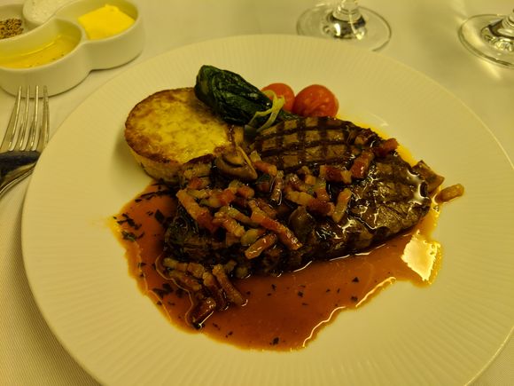 Grilled fillet of kuroge wagyu beef with pancetta and tarragon sauce served with lotus root pancake. (DELICIOUS!)