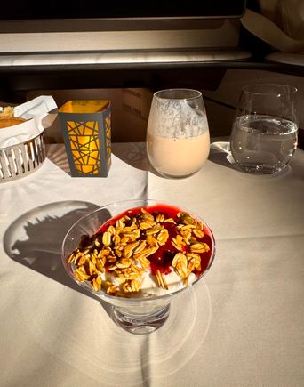 Breakfast - Yoghurt with chia, sour cherry compote and toasted pumpkin seed granola