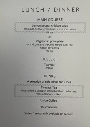 Menu. Lunchtime domestic ABZ to LHR