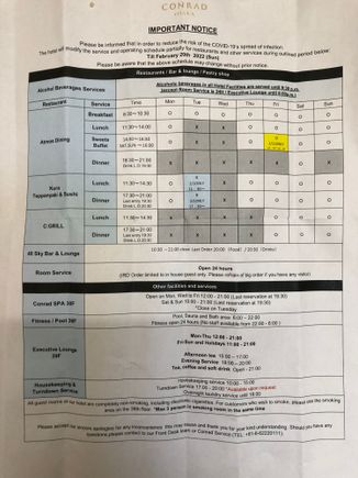 Covid-related restaurant and facilities schedule changes at Conrad Osaka