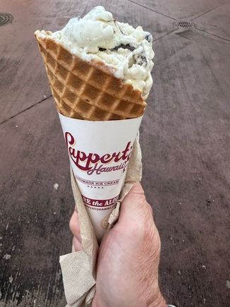 Lappert’s waffle cone with Big Island Inspiration ice cream - vanilla, fudge brownies, chocolate chunks, chocolate covered mac nut shortbread