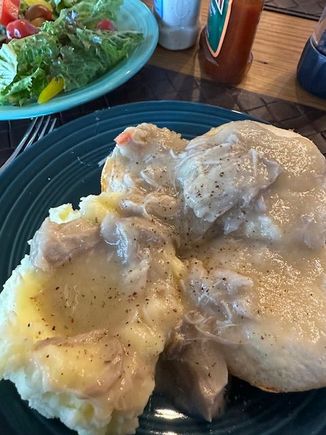 The last of the creamed turkey made and frozen after Thanksgiving - over biscuits and mashed potatoes. 