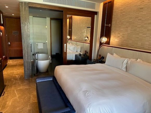 King bed and bathroom in swim up room