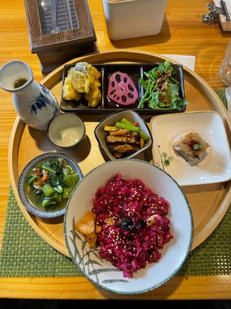 Dragonfruit fried rice with various accompaniments 