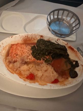 Salmon main course. Awful. Overcooked. Broccolini almost cremated. It was all swimming in some strange liquid. Burnt dried food all around the edge of the dish. I’ve had better food and presentation at Wetherspoons. 