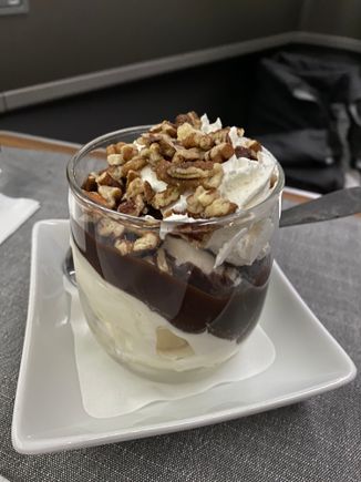 My first Flagship sundae and won’t be my last! My favorite part of the flight was eating this whole amazing sundae up in the sky. The big scoop of Haagen Dazs, more than a drizzle of hot fudge, and the whipped cream and nuts - absolute perfection.