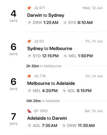 DRW club, SYD int 1st (!!), MEL dom J, ADL club

I’m usually there about an hour before but for syd I’ll be there earlier and MEL obviously for the whole connection