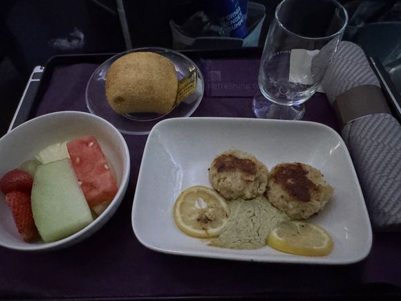 Morning flight second meal, codfish cakes. Second option was pasta.
