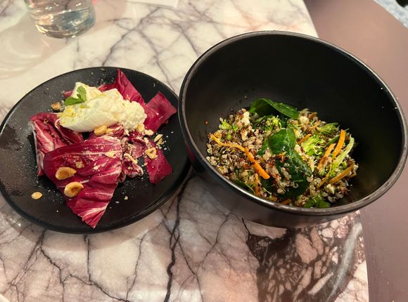 Burrata and radicchio & Brussels sprouts and bacon