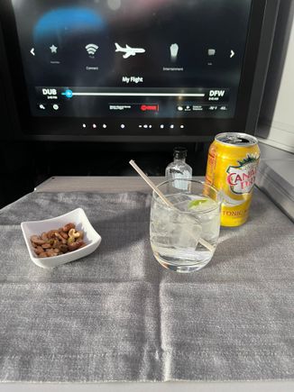 Warm nuts and G&T served by friendly and helpful FA who was great throughout the flight