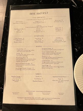 breakfast menu - but platinum/titanium only get pastries, parfait, and coffee (or maybe $14.00 to something here)