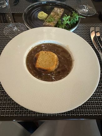 French onion soup. Limited with the cheese, but that’s fine for me. 