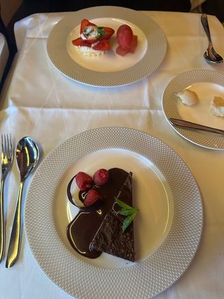 Chocolate tart sans ice cream. I asked about it, and was told that other passengers got to it first (we ate about 2.5 hours into the flight). Oh well. 