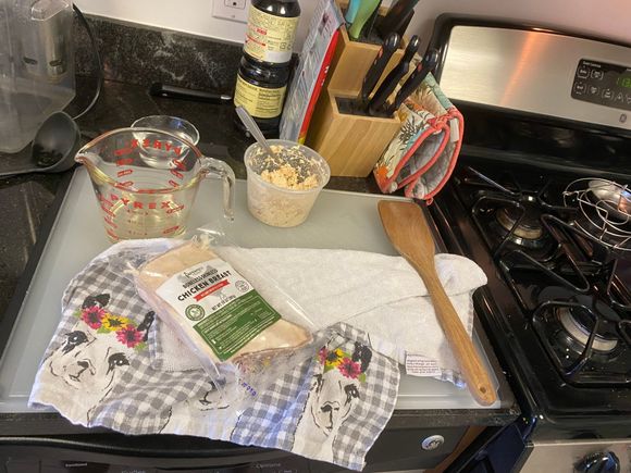 Here's my mise en place, the chicken wasn't used sadly. It didn't finish cooking until the rice was already made.