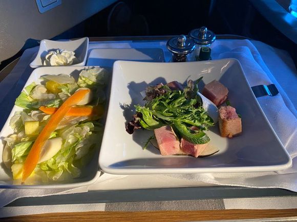 Had first choice of appetizer and dessert later. Went with the Tuna, which was good. Salad didn't seem to match menu. Not shown, soup served in a coffee mug, which I think was actually nice to sip from.
