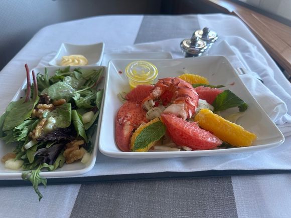 Lobster starter with salad. 