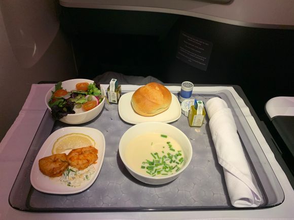 Cauliflower soup, poached shrimp appetizer, mixed greens salad. Choice of butter or olive oil with the bread