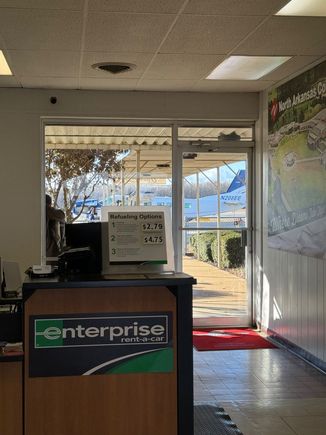 Harrison, AR. The airline agent had my rental car keys (and it was pulled up next to the terminal door)