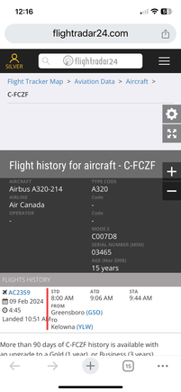 Flew from Greensboro to KF at YLW
