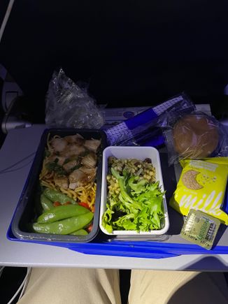 Dinner served after take off. Chicken in sweet soy sauce with soba noodles. (Other option was the veggie stir fry noodles)The new dessert was very tasty, but I still rather have the ice cream option. 