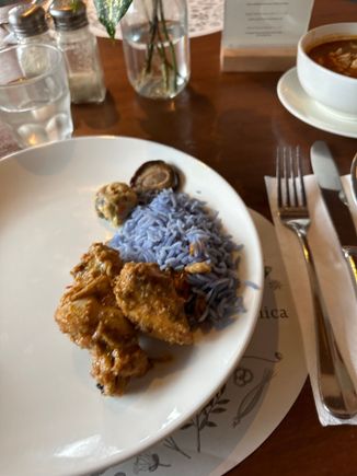 nasi kerabu, rendang chicken, mushrooms