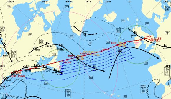 On a North Atlantic track and complying with a 180 minute rule (pink circles) and thus far more direct. 