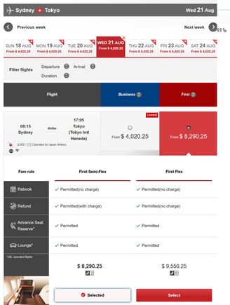 JAL Website shows A Class