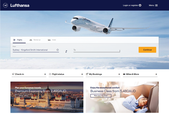 LH.com showing fares from Australia.