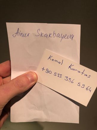 Hand written hotel contact info