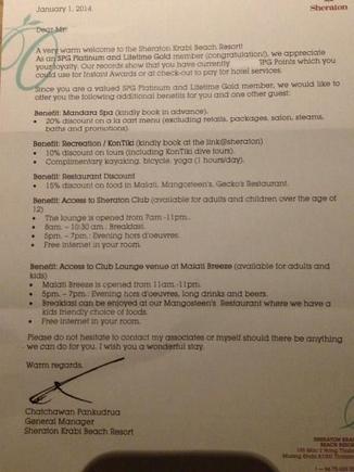 Club Lounge welcome letter